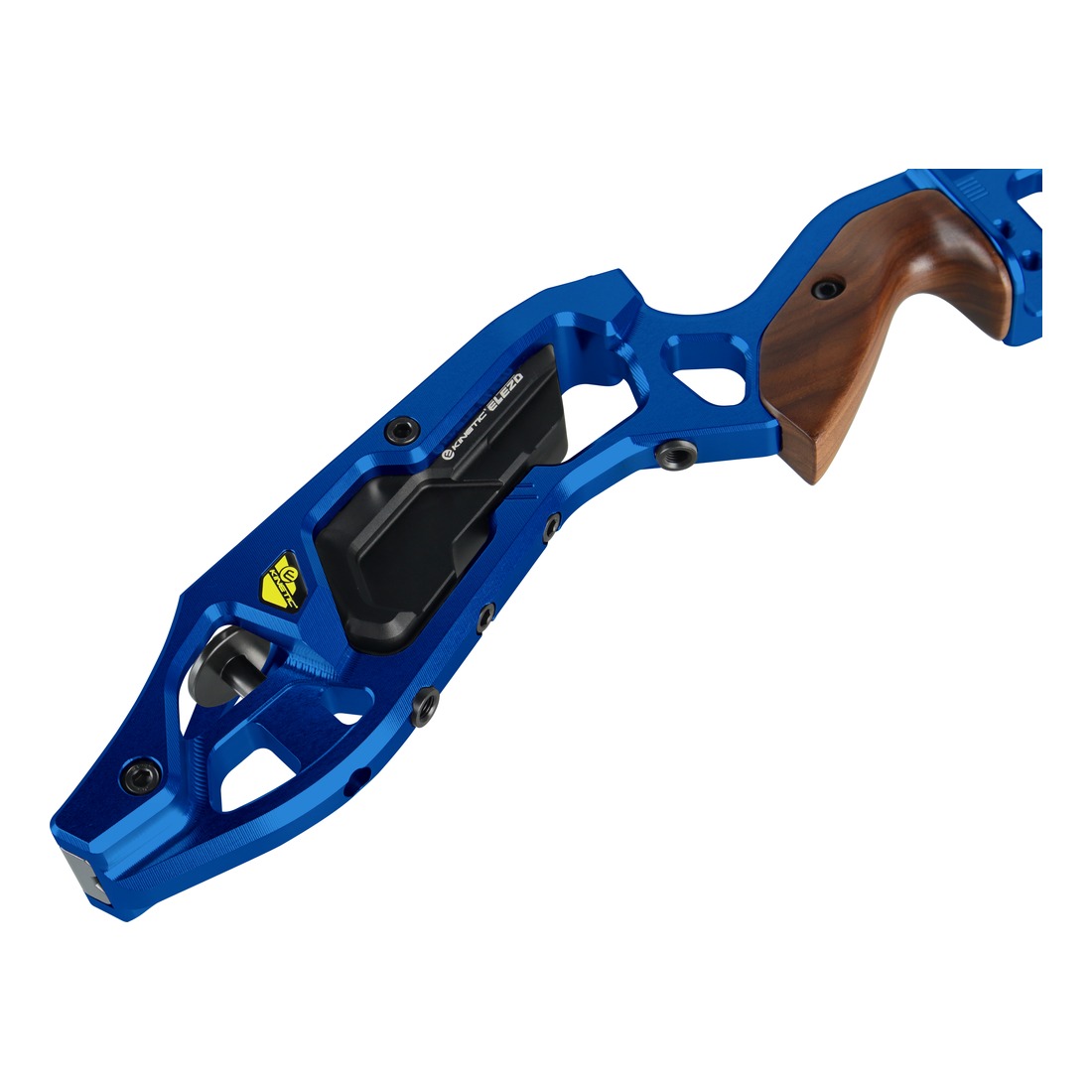 recurve bow, blauw, houten grip, metalen rifles, zichtbaar geen ogen